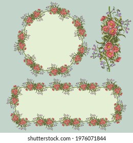 Botanical illustration frames with elements of the rosehip plant