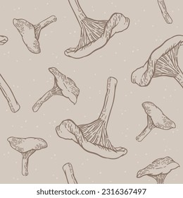 Botanical illustration. Hand-drawn mushrooms. Line drawing, engraving of golden chanterelle. Abstract background in brown tones. Food, delicacy, ingredient for dishes. Seamless pattern design, vector.