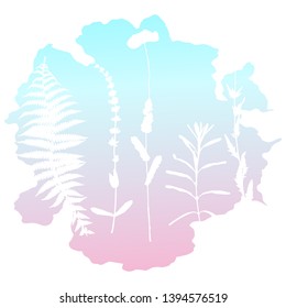 Botanical illustration with herbs, plants, flowers and leaves. Isolated white vector silhouettes on gradient background. Graphic design for background, card, web banner, poster, invitation.