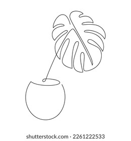 Ilustración botánica. Línea continua de la planta de la casa monstera en el vector de la olla. Dibujo de esquema. Icono lineal dibujado a mano. Deja la silueta. Diseño mínimo, impresión, banner, tarjeta, cartel artístico mural, logotipo.