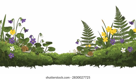 Botanical illustration of a mossy forest floor border featuring green moss, ferns, purple violets, yellow buttercups, garden snails, and beetles isolated on a white background.