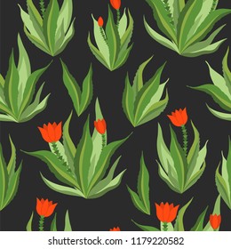 botanical illustration with Peruvian cactus. Vector seamless pattern on black background. Summer plants.