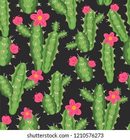 botanical illustration with Peruvian cactus. Vector seamless pattern on black and white geometric background. Summer plants.