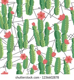 botanical illustration with Peruvian cactus. Vector seamless pattern on black and white geometric background. Summer plants.