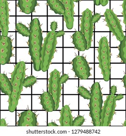 botanical illustration with Peruvian cactus. Vector seamless pattern on black and white geometric background. Summer plants.