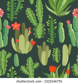 botanical illustration with Peruvian cactus. Vector seamless pattern on green background. Summer plants.