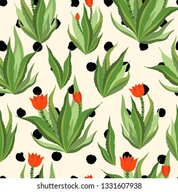 botanical illustration with Peruvian cactus. Vector seamless pattern on black and white geometric background. Summer plants.