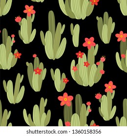 botanical illustration with Peruvian cactus. Vector seamless pattern on black background. Summer plants.