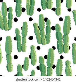 botanical illustration with Peruvian cactus. Vector seamless pattern on black and white polka dot background. Summer plants.