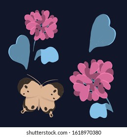 Botanical illustration with pink hydrangea flowers. Image of an insect among the buds. Good for creating backgrounds, wallpapers, perfume decor.