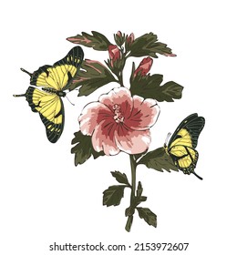 ilustración botánica de elementos vegetales rosa y mariposas