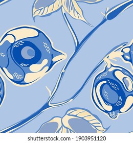 Botanical Illustration. Psychedelic Citron Motif. Lemon Seamless Pattern. Simple Marker Lime. Modern Hand Drawn Background. Vector Summer Citrus Print. Classic Blue and Indigo