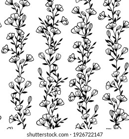 Ilustración botánica de un patrón sin fisuras sobre un fondo blanco. Flores aisladas, brotes, hojas, ramas se recogen en un adorno vertical de ramos florecientes. Diseño para tela, papel.