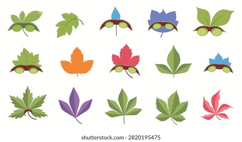 Botanical illustration set featuring various leaf shapes, colorful foliage, and stipule structures. Includes green, red, blue, and purple leaf designs in a grid layout on a white background.