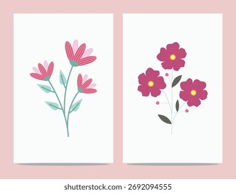 Conjunto de ilustración botánica dos Diseños de flores sobre fondo blanco con borde rosa