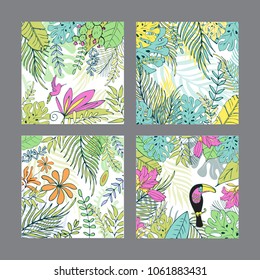 Botanical illustration. Summer tropical background with exotic green palm leaves and flowers. Vector floral background. For wedding greeting cards, anniversary, birthday, Invitations to a party.
