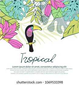 Botanical illustration. Summer tropical background with exotic green palm leaves and flowers. Vector floral background. For wedding greeting cards, anniversary, birthday, Invitations to a party.