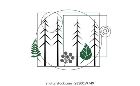 Botanical illustration of tall pine trees framed by geometric shapes alongside a fern leaf and berry branch.