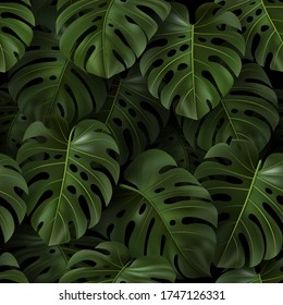 Botanical illustration with tropical green 3D leaves Monstera on dark background. Realistic seamless pattern for textile, hawaiian style, wallpaper, sites, card, fabric, design. Vector template. Eps10
