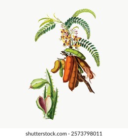 Botanical illustration of tropical plants, featuring vibrant tropical leaves and exotic flowers. Tropical plants and flowers in detailed botanical art. Vintage plant vector element.