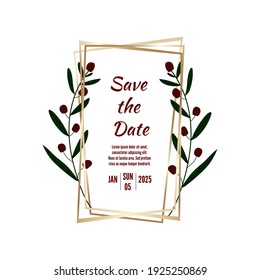 Botanical illustration. Vector vintage greeting card. Invitation to a wedding, celebration, party. Gold frame made of three layers. Vector ENP 10.