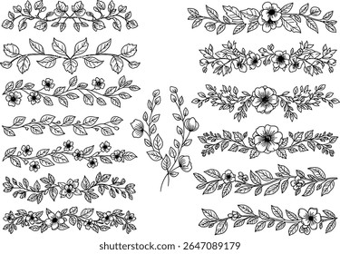 As ilustrações botânicas, com folhas e flores em belas artes, evocam uma sensação de simplicidade elegante, ideal para convites de casamento e projetos decorativos inspirados na natureza.