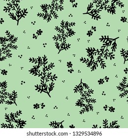 Botanical ink doodles on sea green background