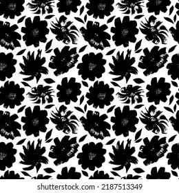 Botanical ink illustration with floral motif.  Abstract flowers chrysanthemum or rose blooming. Hand drawn vector seamless pattern. Hand drawn black print for fabric, textile.
