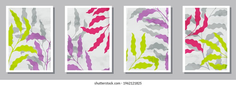 Botanical interior posters set. Summer branches with leaves. Summer twigs bohemian botanical design.. Willow plant covers. Branches vector illustration. vector design..