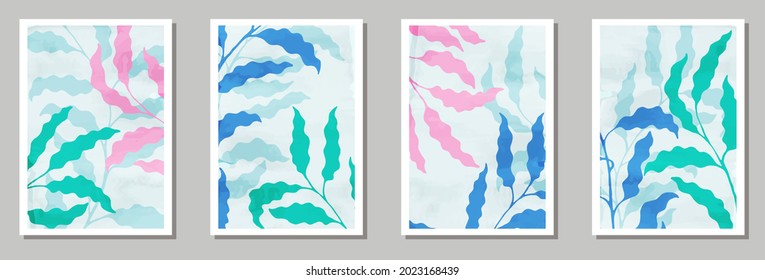 Botanical interior posters set. Summer twigs with leaves. Summer twigs lovely botanical patterns. Sage nature frames. Foliage vector illustration. vector design..