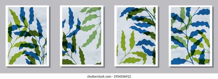 Botanical interior prints set. Spring branches with foliage. Summer twigs bohemian botanical patterns. Willow plant frames. Leaves vector illustration. vector design..