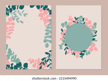 Botanical invitation backgrounds. Vector eucalyptus leaves frames.