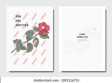 Botanical invitation card template design, red Japanese camellia flowers and leaves with pink oblique rectangle shapes on grey background, minimalist vintage style Botanical invitation card template design, red Japanese camellia flowers and leaves with pink oblique rectangle shapes on grey background, minimalist vintage style