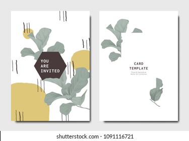 Botanical invitation card template design, green fiddle leaf fig with hand drawn doodle graphics on white background, minimalist vintage style