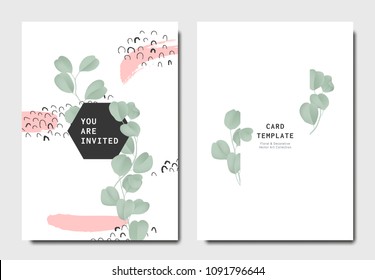 Botanical invitation card template design, green Silver Dollar Eucalyptus leaves with hand drawn doodle graphics on white background, minimalist vintage style