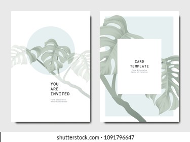 Botanical invitation card template design, green split-leaf Philodendron plant on blue and white background, minimalist vintage style