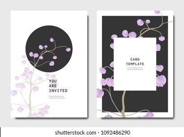 Botanical invitation card template design, purple Thalictrum delavayi flowers on black and white background, minimalist vintage style