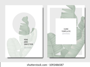 Botanical invitation card template design, green banana leaves on grey and white background, minimalist vintage style
