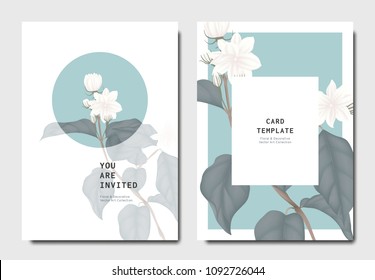 Botanical invitation card template design, white jasmine flowers with leaves on blue and white background, minimalist vintage style