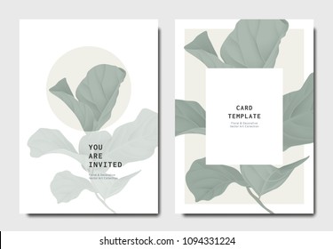 Botanical invitation card template design, green fiddle leaf fig on grey and white background, minimalist vintage style