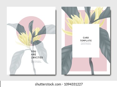 Botanical invitation card template design, white Champaka flowers with leaves on pink and white background, minimalist vintage style Botanical invitation card template design, white Champaka flowers with leaves on pink and white background, minimalist vintage style