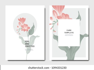 Botanical invitation card template design, red freesia flowers with leaves on grey and white background, minimalist vintage style Botanical invitation card template design, red freesia flowers with leaves on grey and white background, minimalist vintage style
