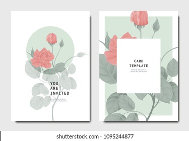 Botanical invitation card template design, red rose flowers with leaves on green and white background, minimalist vintage style