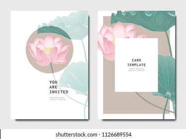Botanical invitation card template design, pink lotus flowers on brown and white background, minimalist vintage style