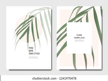 Botanical invitation card template design, bamboo palm on light pink and white background, minimalist vintage style