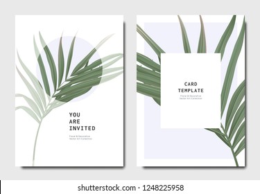 Botanical invitation card template design, bamboo palm on light blue background, minimalist vintage style