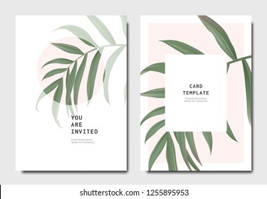 Botanical invitation card template design, bamboo palm on light red background, minimalist vintage style