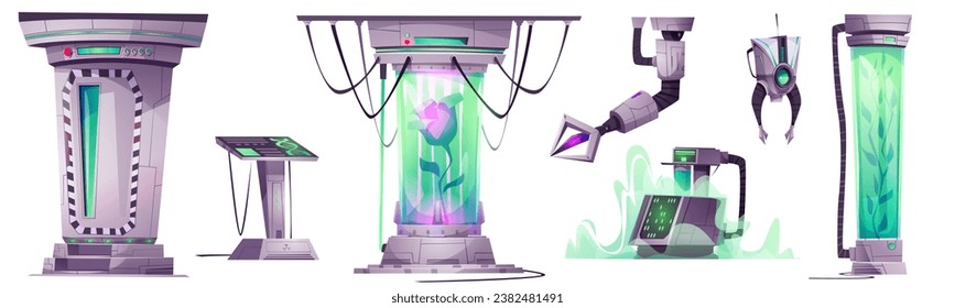 Botanical laboratory equipment set isolated on white background. Vector cartoon illustration of futuristic science lab elements, glass cryogenic capsules with plants, robotic arms, computer displays