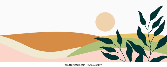 Botanical landscape wall art vector set. boho aesthetic leaves and sun. design for print, cover, wallpaper, minimal wall art and natural. Vector illustration.