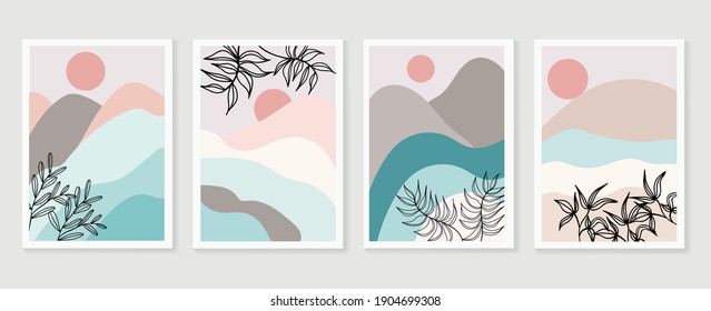 Botanical and landscape watercolor wall art vector set. Earth tone background foliage line art drawing with mountain and sun. Abstract Plant Art design for wallpaper, Canvas prints and Home decor.